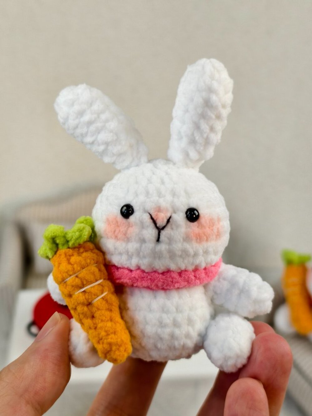 Handmade Amigurumi Crochet Rabbit Holding a Carrot Plushie